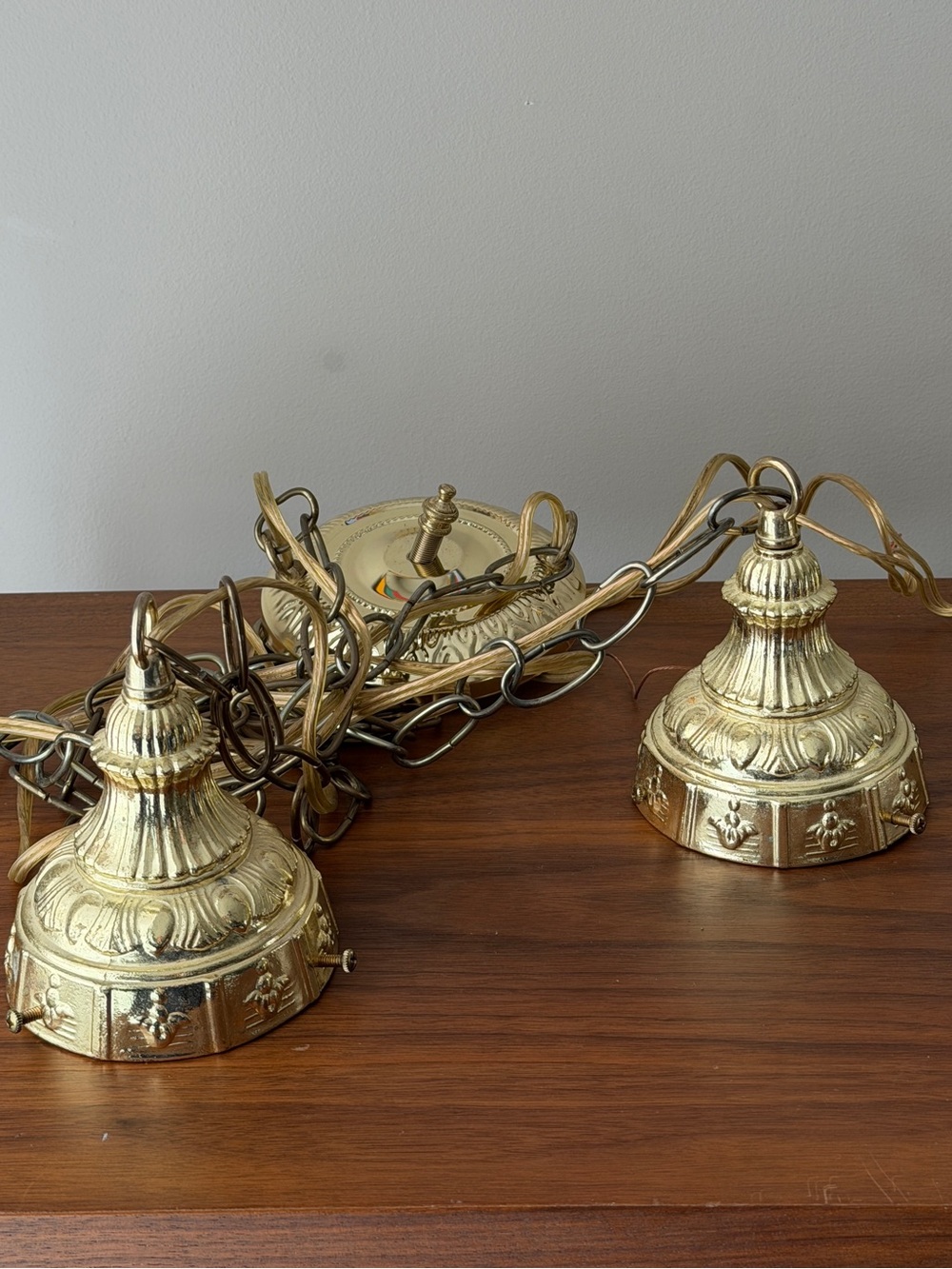 Double Pendant Ceiling Light Swag Ornate Gold Hanging Lantern Canopies Retro MCM - Picture 15 of 15